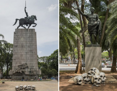 Estátuas de SP receberam manifestações com crânios no final de 2020 — Foto: Grupo de Ação/Divulgação  