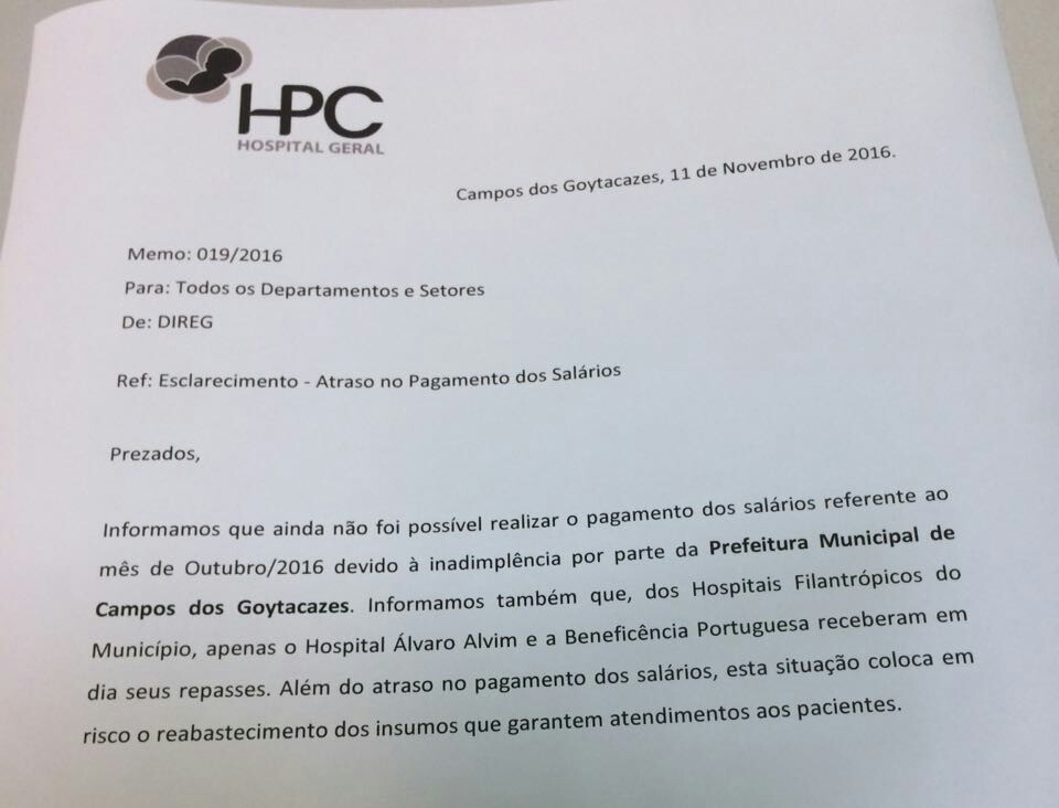 Sem Repasse Da Prefeitura Hpc Atrasa Sal Rios Folha Nacurvadorio